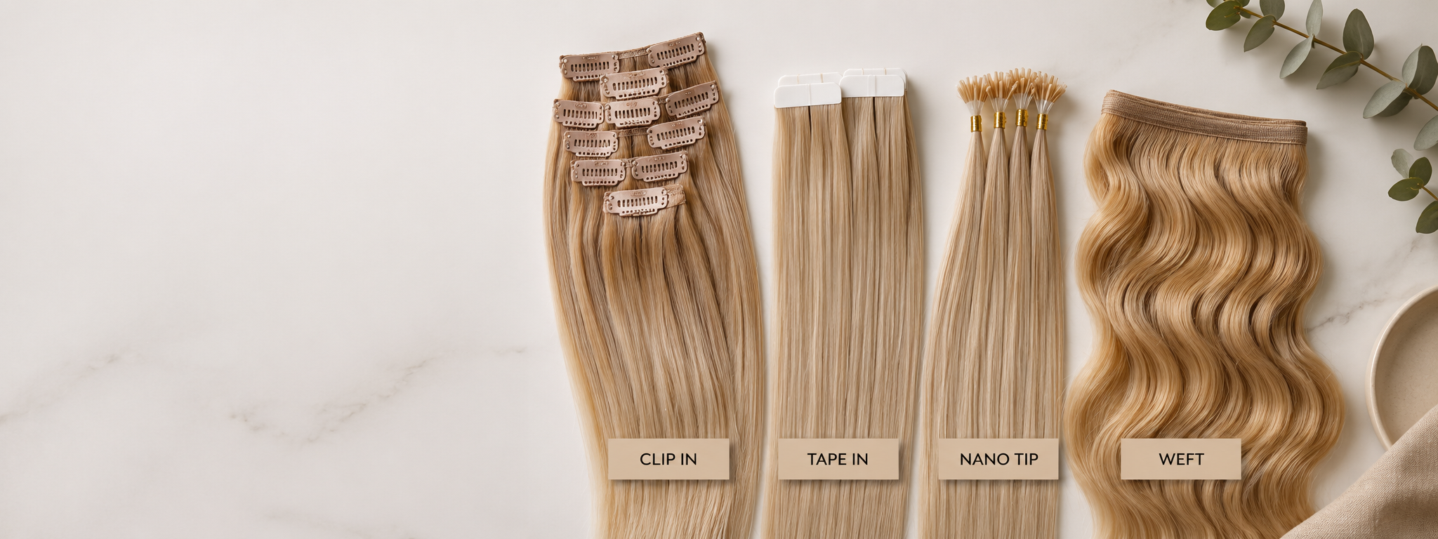 Clip in, tape in, nano tip and weft human hair extensions arranged on a luxury neutral background