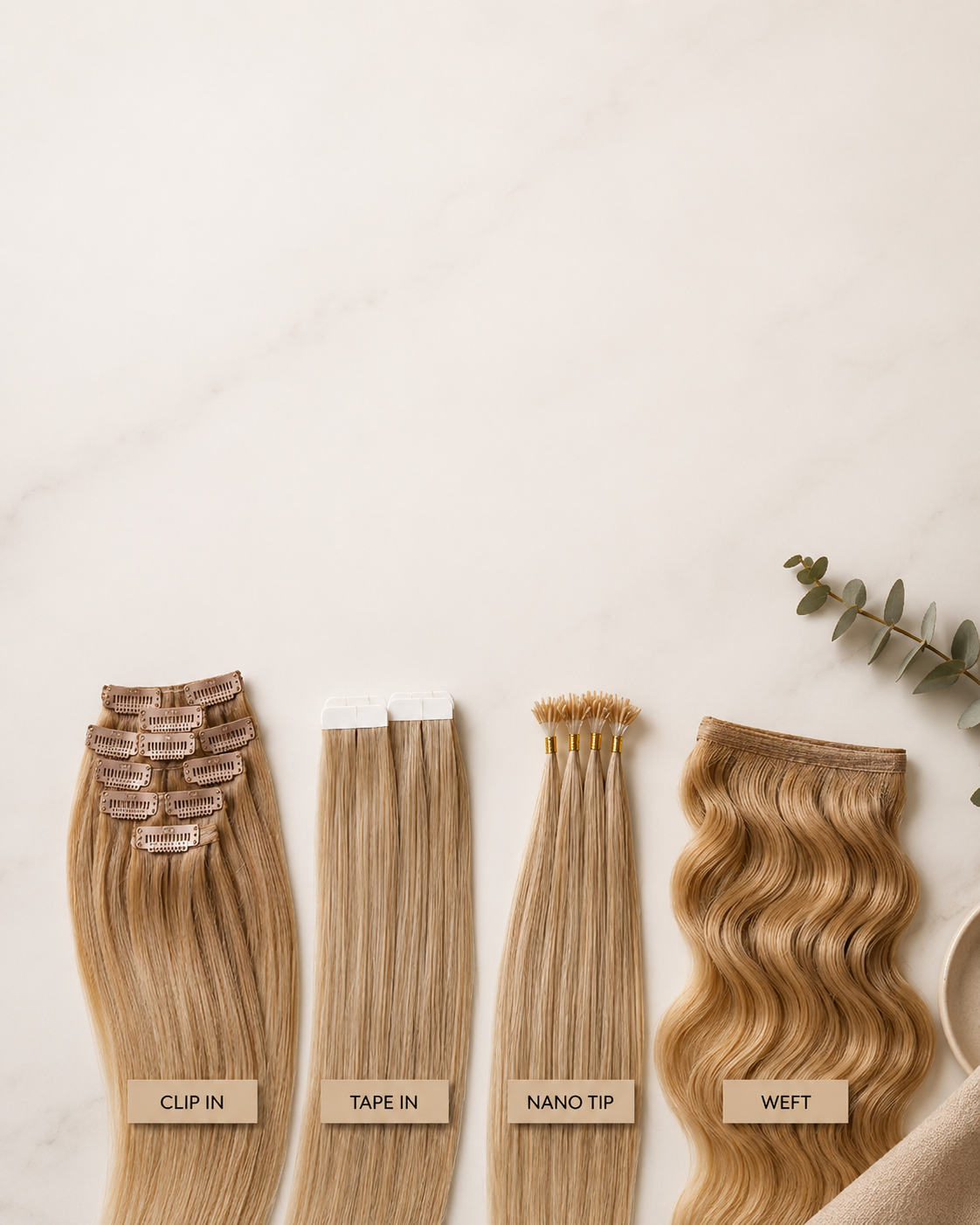Mobile banner showing clip in, tape in, nano tip and weft human hair extensions on a neutral salon background
