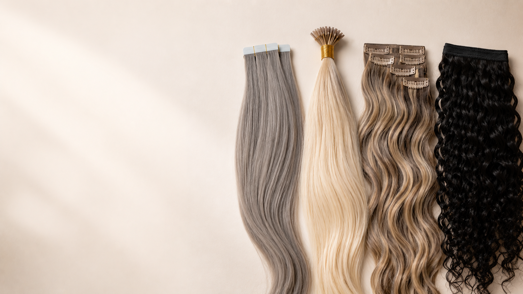 Four hair extension bundles displayed vertically on a warm beige background, including gray, platinum blonde, blonde-to-brown ombre, and black curly extensions.