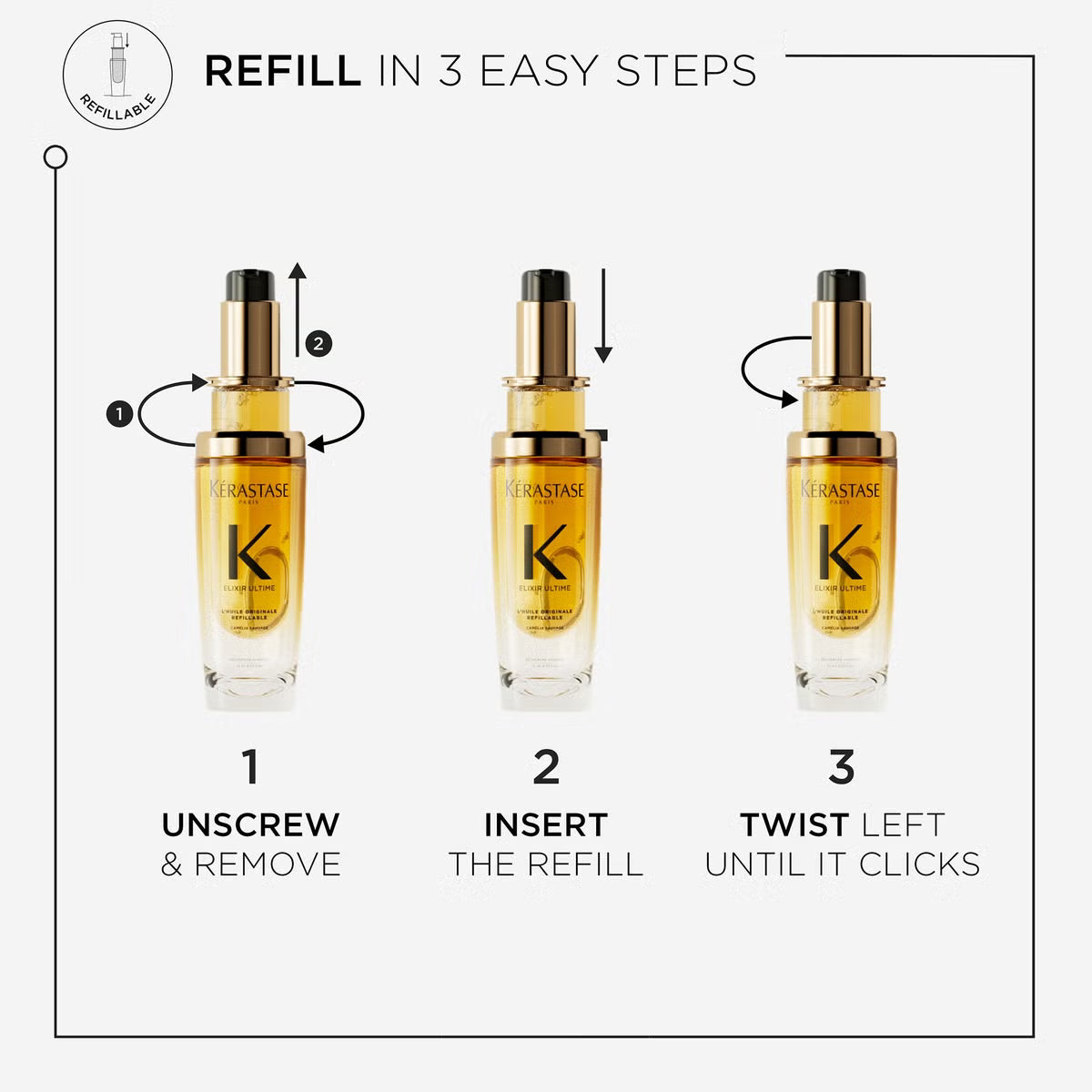 Kérastase Elixir Ultime Refillable System 3 Step Refill Process Sustainable Hair Oil
