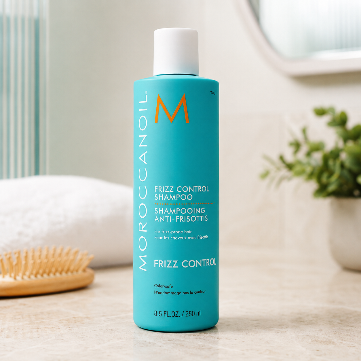 Moroccanoil Frizz Control Shampoo 250ml product photo for frizz-prone hair, flyaways, static control and humidity protection.