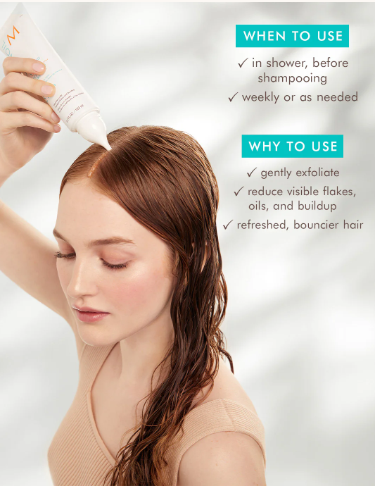 Moroccanoil Purifying Scrub application guide showing how to use the scalp scrub before shampooing to exfoliate and reduce flakes, oil and build-up.