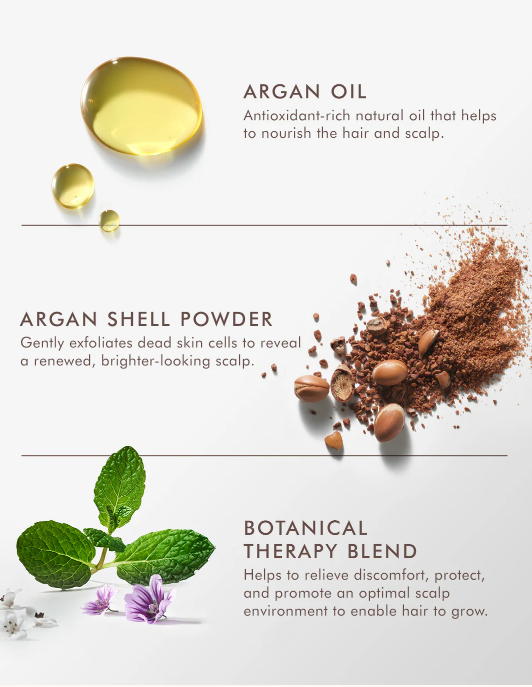 Moroccanoil Purifying Scrub key ingredients with argan oil, argan shell powder and botanical therapy blend for scalp care.