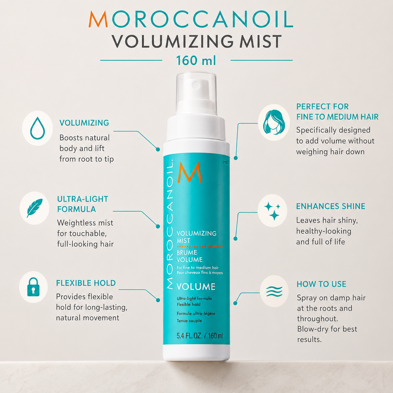 Moroccanoil volumizing mist bottle with features on a light background