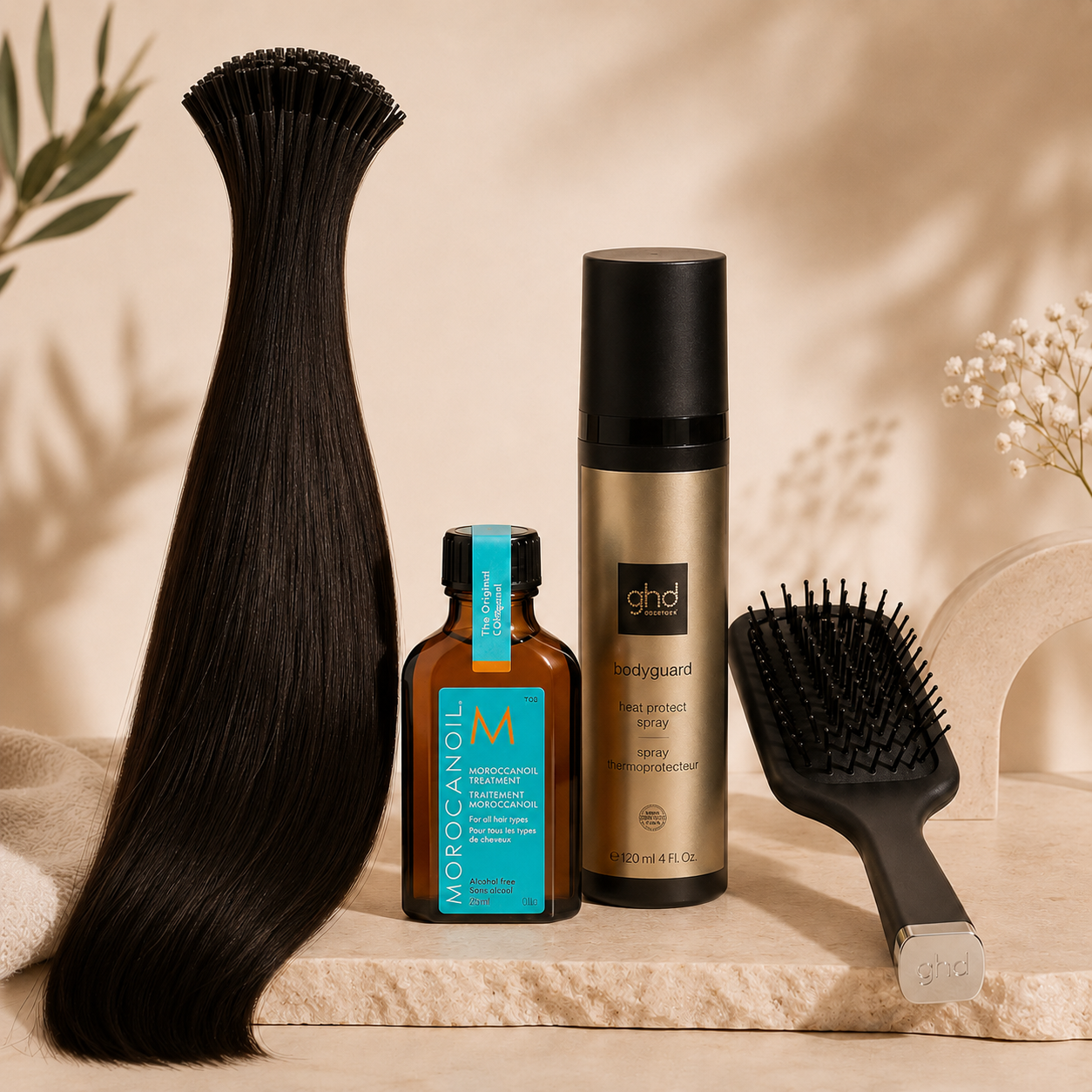 Dark brunette nano tip hair extension aftercare bundle with Moroccanoil Original, ghd Bodyguard heat protect spray and ghd mini paddle brush