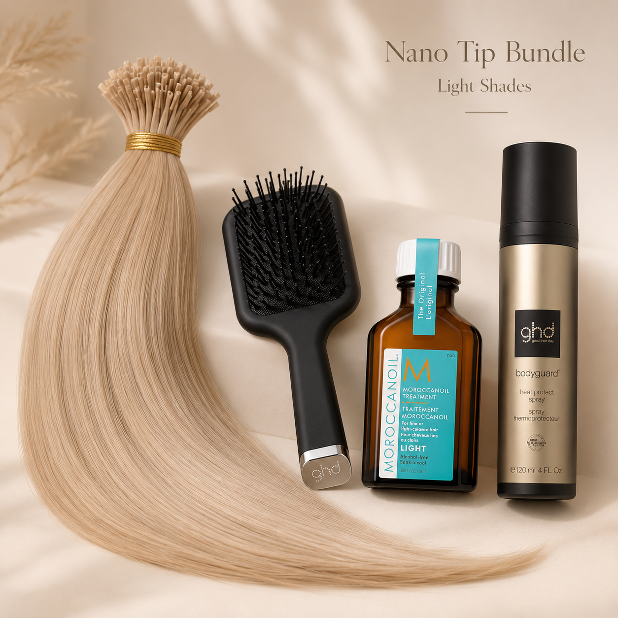 Nano Tip Premium Aftercare Bundle for light shades with blonde nano tip hair extensions, Moroccanoil Treatment Light 25ml, ghd Bodyguard Heat Protect Spray 120ml and GHD Mini All-Rounder Mini Paddle Brush.