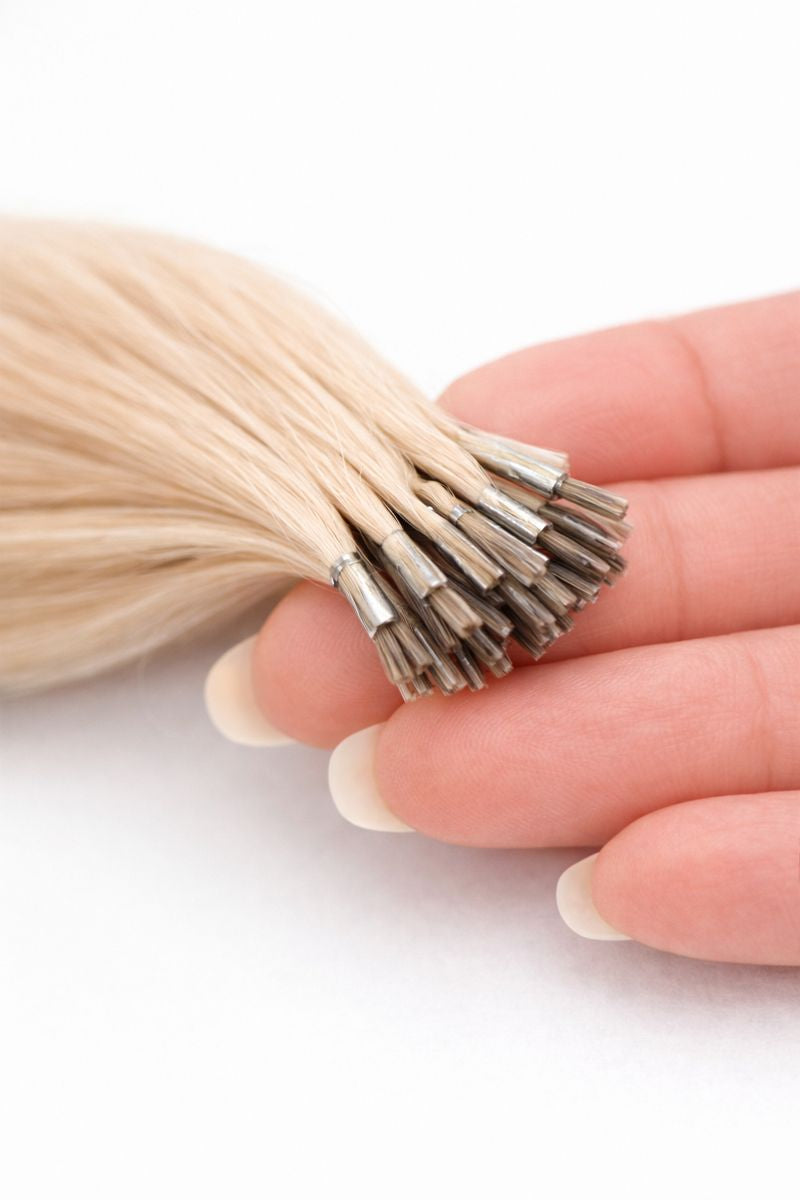 Hair extensions held between fingers on a white background