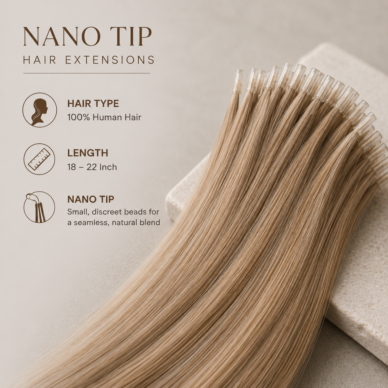 Blonde nano tip hair extensions with product details on a neutral background