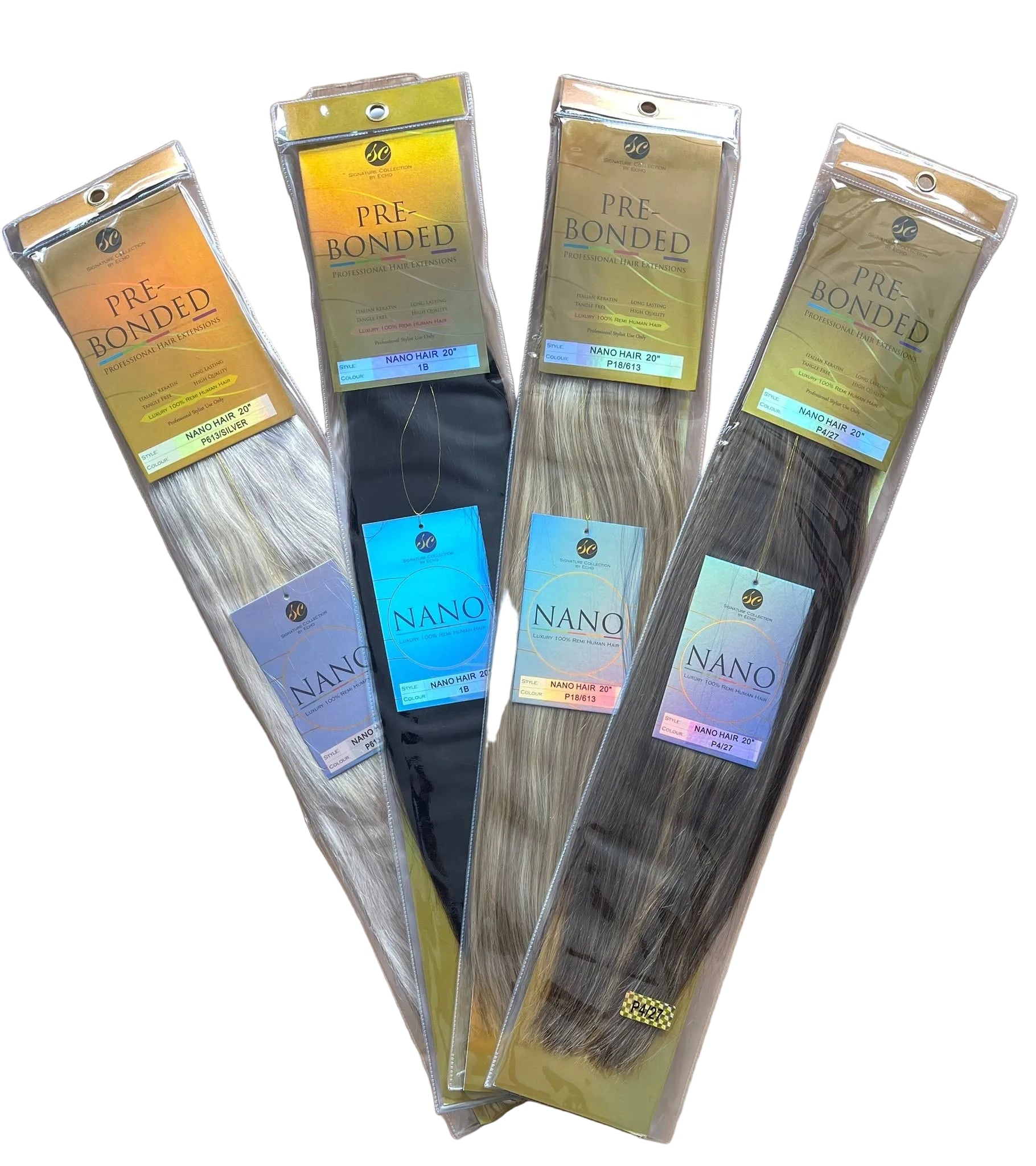 Packaged nano tip hair extensions with visible branding on a wooden surface