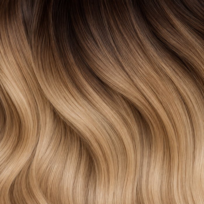 Rooted balayage hair extension shade with darker roots and lighter lengths