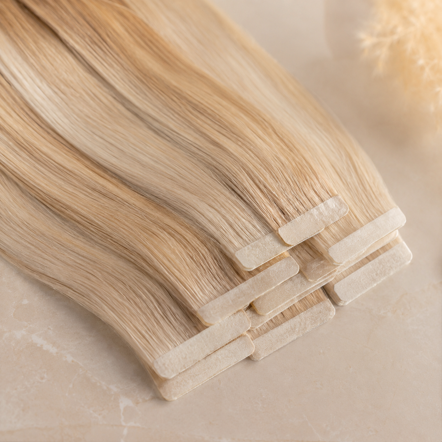 Close-up of Tape-In human hair extensions